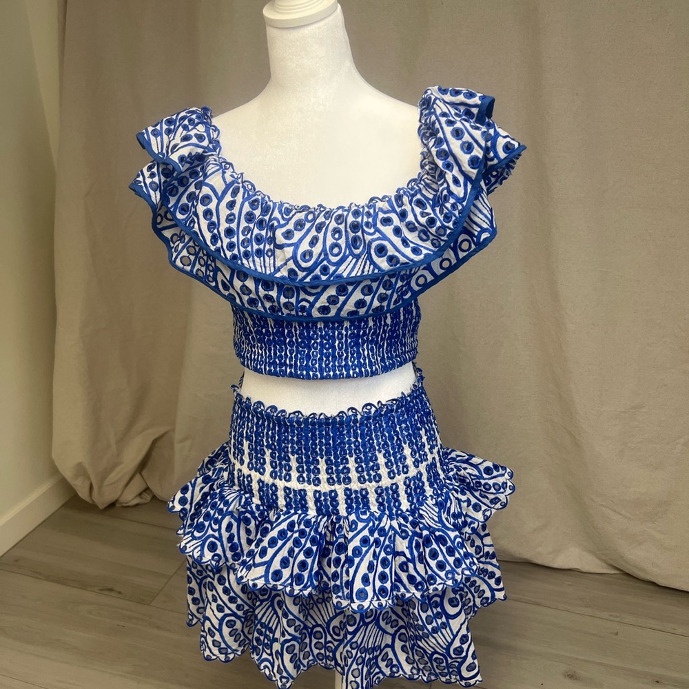 AKIRA Blue and White Ruffled Two-Piece Skirt Set